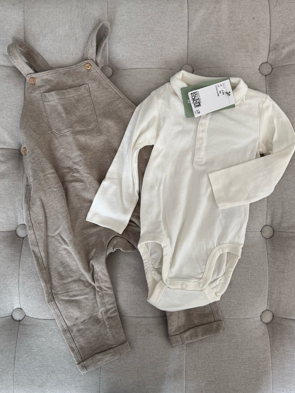 NWT H&M Neutral Taupe Overalls with Cream Long-Sleeve Bodysuit — Size 6-9 months